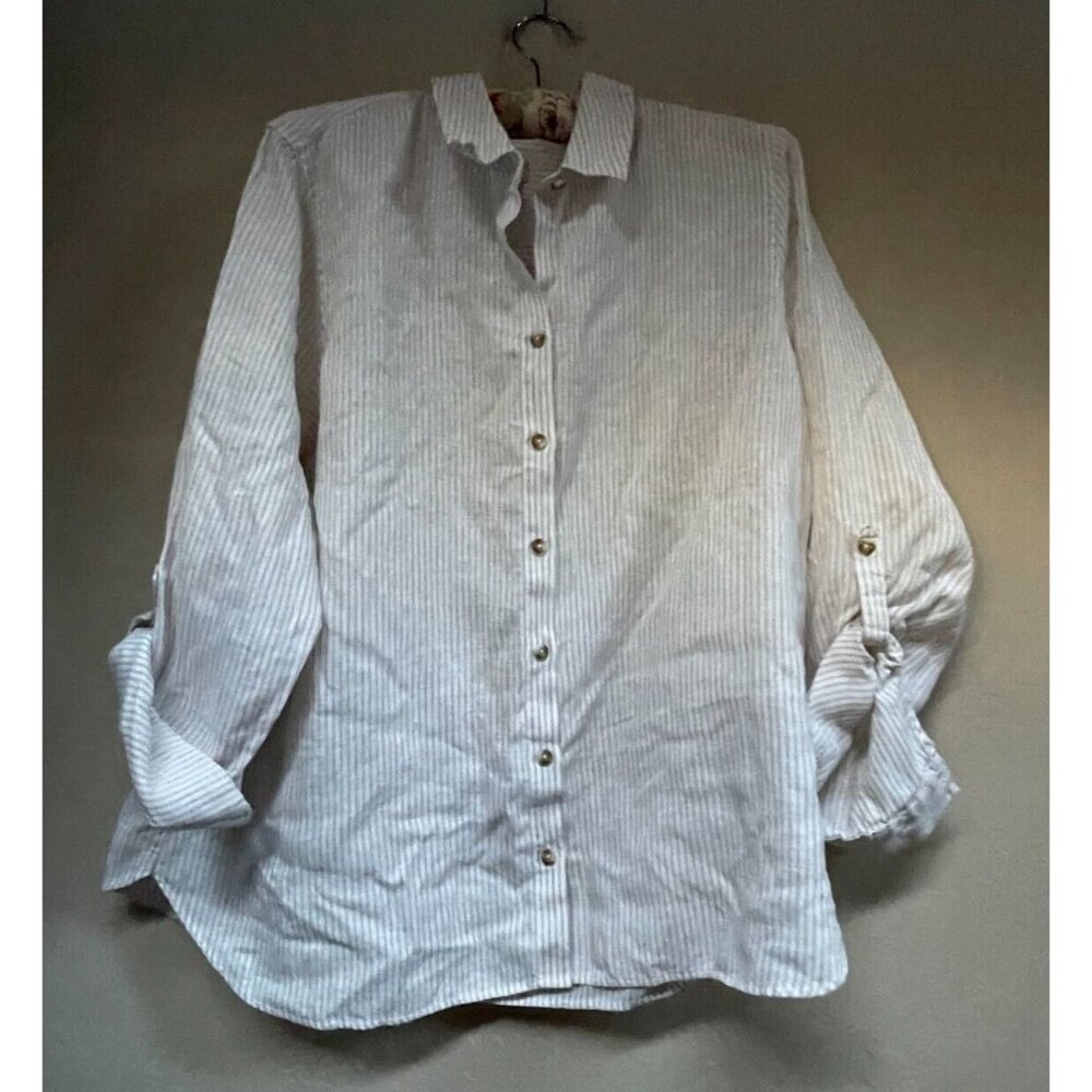 Chico's Womens Size 3 No Iron Linen Striped Roll-Tab Sleeve Shirt White Casual